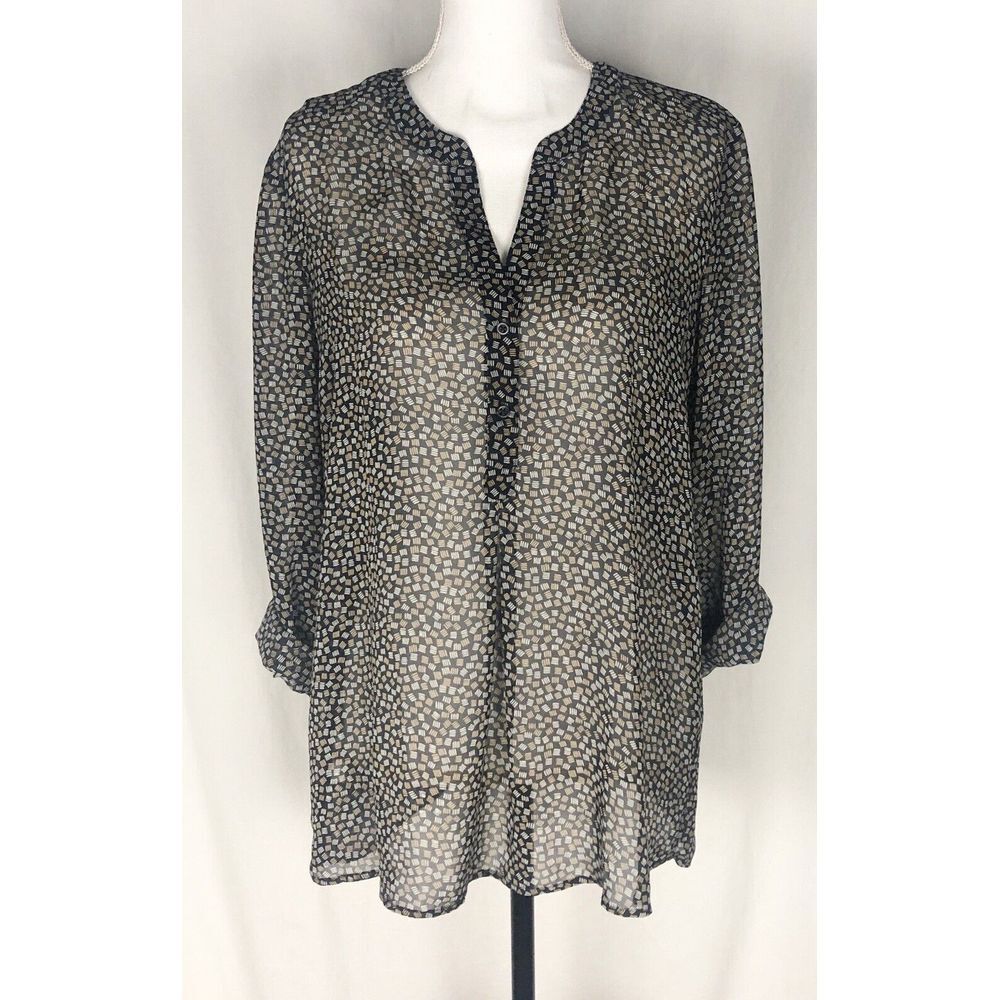 Ann Taylor Blouse Top Women's Size M Roll Tab Sleeve Sheer Geometric Blouse